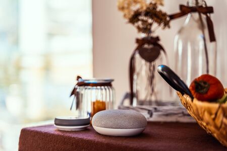voice controlled smart speaker in a interior home environment. Smart AI speaker concept