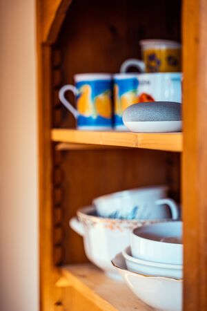 voice controlled smart speaker in a interior home environment. Smart AI speaker conceptの写真素材