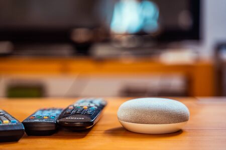 voice controlled smart speaker in a interior home environment. Smart AI speaker conceptの写真素材