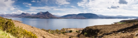 Upper Loch Torridon panorama looking south to the Beinn Damph and other mountainsの写真素材
