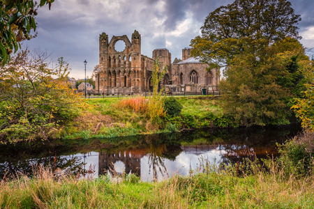Elgin Cathedral above River Lossie, is a medieval ruin and was built on the banks of the River Lossie in the thirteenth centuryの写真素材