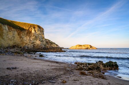 Marsden's Bay northern cliffs, located near South Shields, consisting of a sandy beach enclosed by...