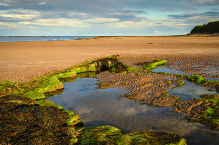 Tidal Pool on Low Hauxley Beach, nestled in between Amble and Druridge Bay its popular with walkers and at low tide the sandy beach is quite wideの写真素材