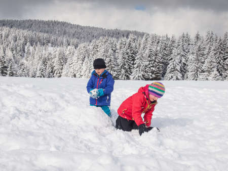 small boy and girl  playing in the snow with wooded winter  mountain landscape behindの写真素材