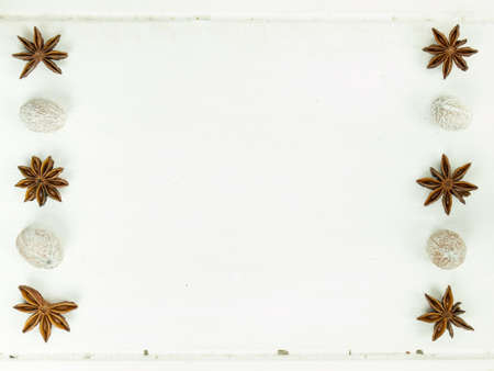 star anise and nutmeg arranged in rows on a rustic white table top with copy spaceの写真素材