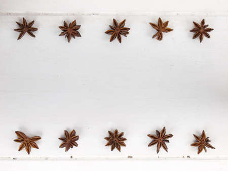 star anise  arranged in rows on a rustic white table top with copy spaceの写真素材