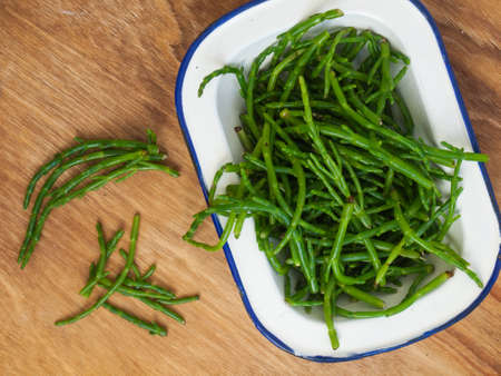 dish full of fresh green marsh samphireの写真素材