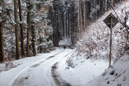 A snow covered forest road winds through the mountains of Nagano Prefecture, Japan.  Hiking this...