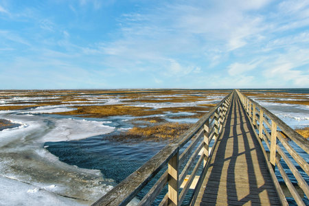 Sunny Winter day landscape of a long wooden boardwalk crossing a frozen marsh toward an ocean horizon at Grays Beach on Cape Cod, near Yarmouth, Massachusetts.の写真素材