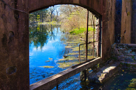Looking outward from an abandoned spring house toward a sunny landscape of trees and calm water at Paradise Springs, near Eagle, Wisconsin.の写真素材