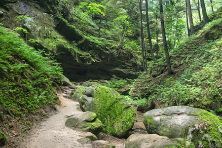 Cloudy summer day landscape of a trail passing through a rocky gorge amid lush greenery at Hocking Hills State Park in Hocking County, Ohio.の写真素材