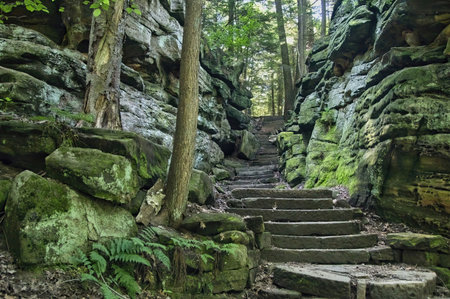 Pic of stone steps between rock walls along a hiking trail on a Summer day at Cuyahoga Valley National Park, near Cleveland, Ohio.の写真素材