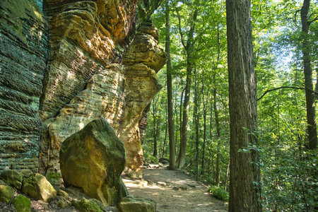 Summer day shot of a hiking trail passing sandstone cliffs at Cuyahoga Valley National Park, near Cleveland, Ohio.の写真素材