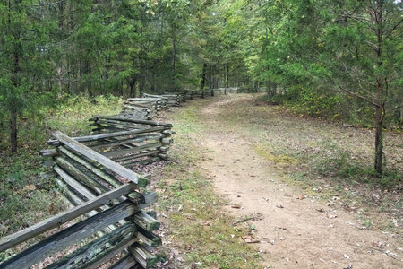 Autumn landscape of a nature trail beside a zigzag split rail fence in a lush forest along the Natchez Trace Parkway in Tennessee.の写真素材