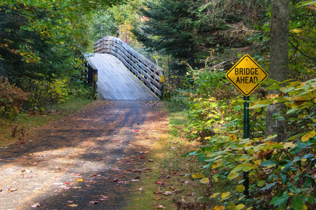 Autumn landscape of the Heart of Vilas County Bike Trail passing over a bridge beside a sign in a forest displaying early Autumn colors near Sayner, Wisconsin.の写真素材