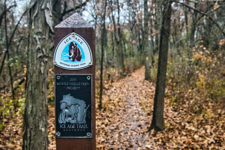 Milton, Wisconsin, USA â November 18, 2025: Closeup of a trail marker with logos for the Ice Age Trail along the Storrs Lake Segment near Milton, Wisconsin. near Milton, Wisconsin.のeditorial素材