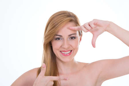 woman pretends to take a selfieの写真素材