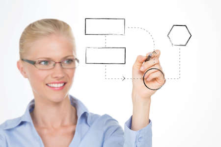 blond beautiful woman illustrating diagramsの写真素材