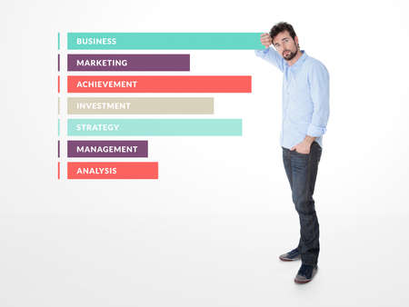 one man endorsed on a graphic representing the competences of his businessの写真素材