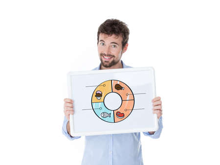 one guy showing a banner with cartoons of different aliments