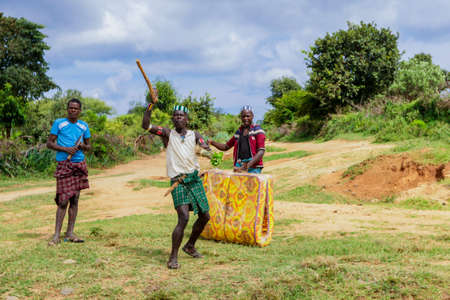 Lalibela, Ethiopia - August 20, 2020: Poor Ethiopian People smiling on the rural roadのeditorial素材