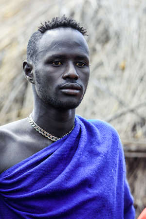 Omo River Valley, Ethiopia - November 29, 2020: Portrait of Head of local Mursi tribe village in...