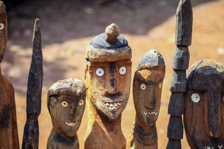 Wooden memorial Totems (statues) with Eyes and Sticks in Traditional Tribal Konso Village, Ethiopiaの写真素材