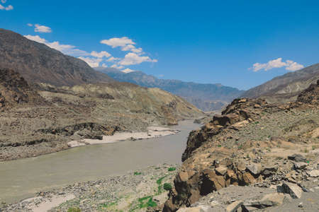 Nice View to the Dirty Water of Mountain River in Gilgit Baltistan Region, Pakistanの写真素材