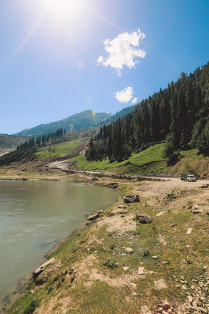 Wonderful Landscape of the Mountain River in the Gilgit Baltistan Hills, Pakistanの写真素材