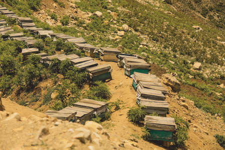 Wooden Bee Houses in Gilgit Baltistan Highlands among Spectacular Mountain View, Pakistanの写真素材