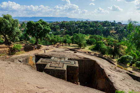 Main View to the Church of Saint George, one of many churches hewn into the rocky hills of Lalibela, Ethiopiaのeditorial素材