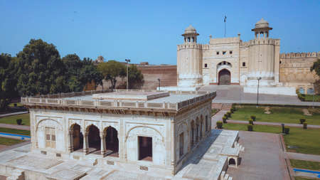 Aerial Panoramic View to the Lahore Fort, citadel in the city of Lahore, Pakistan
