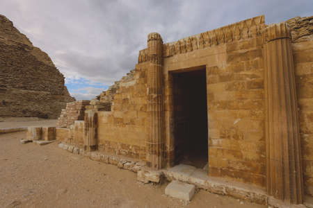 Ancient Ruins and Columns near the Funerary complex and Stepped Pyramid of Djoser at Saqqara, Egyptの写真素材