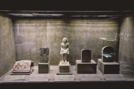 Saqqara, Egypt - November 02, 2021: Ancient Egyptian exhibits in the Imhotep Museum, located near the Saqqara necropolis complex in Lower Egyptのeditorial素材