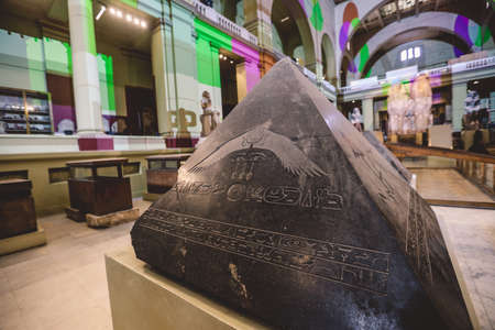 Cairo, Egypt - November 02, 2021: Ancient Stone Exhibits in the View of Small Pyramids with Hieroglyphics in the Cairo Egyptian Museum, the oldest archaeological museum in the Middle Eastのeditorial素材