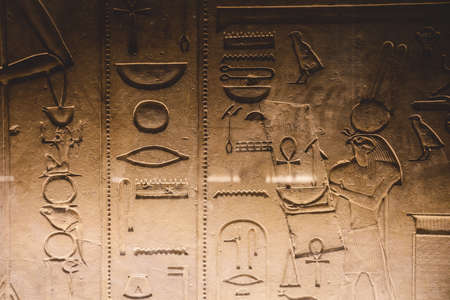 Cairo, Egypt - November 02, 2021: Interesting Ancient Paintings and Engravings with Hieroglyphics symbols in the Cairo Egyptian Museum, the oldest archaeological museum in the Middle Eastのeditorial素材