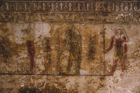 Cairo, Egypt - November 02, 2021: Interesting Ancient Paintings and Engravings with Hieroglyphics symbols in the Cairo Egyptian Museum, the oldest archaeological museum in the Middle Eastのeditorial素材