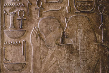 Cairo, Egypt - November 02, 2021: Interesting Ancient Paintings and Engravings with Hieroglyphics symbols in the Cairo Egyptian Museum, the oldest archaeological museum in the Middle Eastのeditorial素材