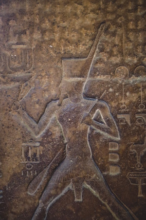 Cairo, Egypt - November 02, 2021: Interesting Ancient Paintings and Engravings with Hieroglyphics symbols in the Cairo Egyptian Museum, the oldest archaeological museum in the Middle Eastのeditorial素材