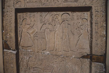 Cairo, Egypt - November 02, 2021: Interesting Ancient Paintings and Engravings with Hieroglyphics symbols in the Cairo Egyptian Museum, the oldest archaeological museum in the Middle Eastのeditorial素材