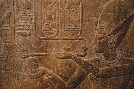 Cairo, Egypt - November 02, 2021: Interesting Ancient Paintings and Engravings with Hieroglyphics symbols in the Cairo Egyptian Museum, the oldest archaeological museum in the Middle Eastのeditorial素材