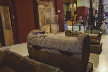 Cairo, Egypt - November 02, 2021: Majestic Ancient Sarcophagus with Hieroglyphics symbols in the...
