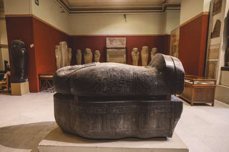 Cairo, Egypt - November 02, 2021: Majestic Ancient Sarcophagus with Hieroglyphics symbols in the Cairo Egyptian Museum, the oldest archaeological museum in the Middle Eastのeditorial素材