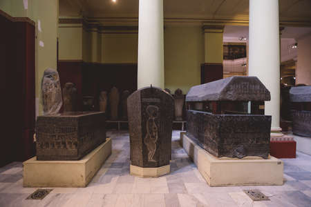 Cairo, Egypt - November 02, 2021: Majestic Ancient Sarcophagus with Hieroglyphics symbols in the Cairo Egyptian Museum, the oldest archaeological museum in the Middle Eastのeditorial素材