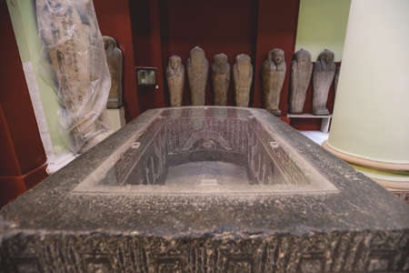 Cairo, Egypt - November 02, 2021: Majestic Ancient Sarcophagus with Hieroglyphics symbols in the Cairo Egyptian Museum, the oldest archaeological museum in the Middle Eastのeditorial素材