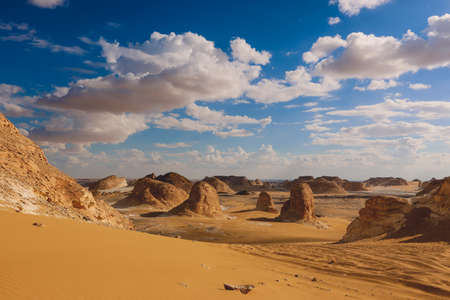 Panoramic View to the Sandy Formations in the White Desert Protected Area, National Park in the Farafra Oasis, Egyptの写真素材