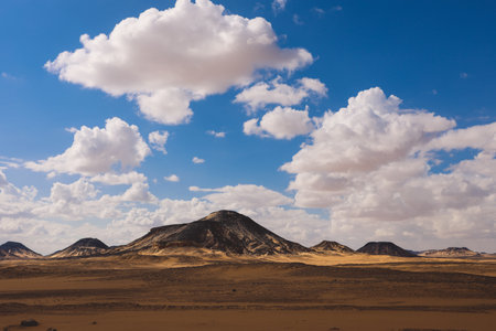 Panoramic View to the Sandy Hills in the Black Desert, is National park in the Farafra Oasis, Egyptの写真素材
