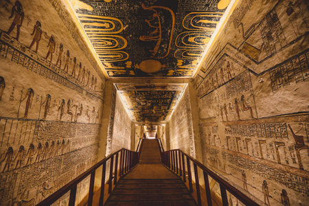 Luxor, Egypt - November 08, 2021: Majestic Interior View to the Corridor and Walls with...
