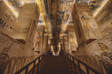 Luxor, Egypt - November 08, 2021: Majestic Interior View to the Corridor and Walls with hieroglyphics and other painting in the Pharaoh Tomb in the Valley of the Kingsのeditorial素材