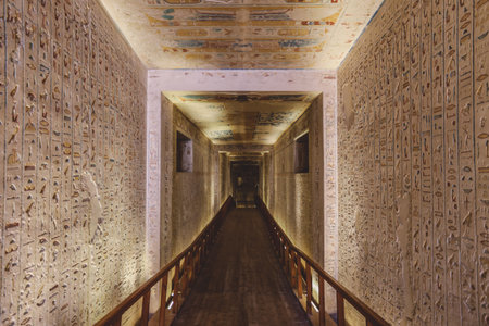 Luxor, Egypt - November 08, 2021: Majestic Interior View to the Corridor and Walls with hieroglyphics and other painting in the Pharaoh Tomb in the Valley of the Kingsのeditorial素材